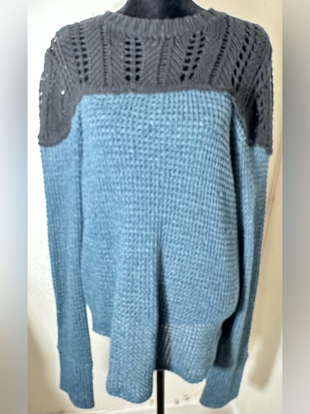 Free People Blue Black Open Knit Colorblock Sweater Size L Oversized